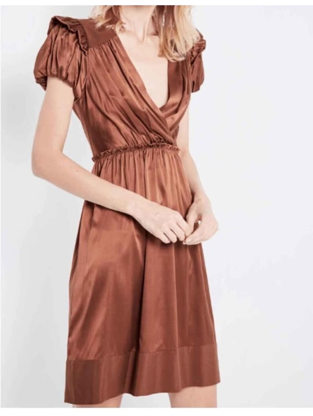 BCBGMAXAZRIA Brown chocolate Silk V-Neck Puff Sleeve Knee Dress sz 4